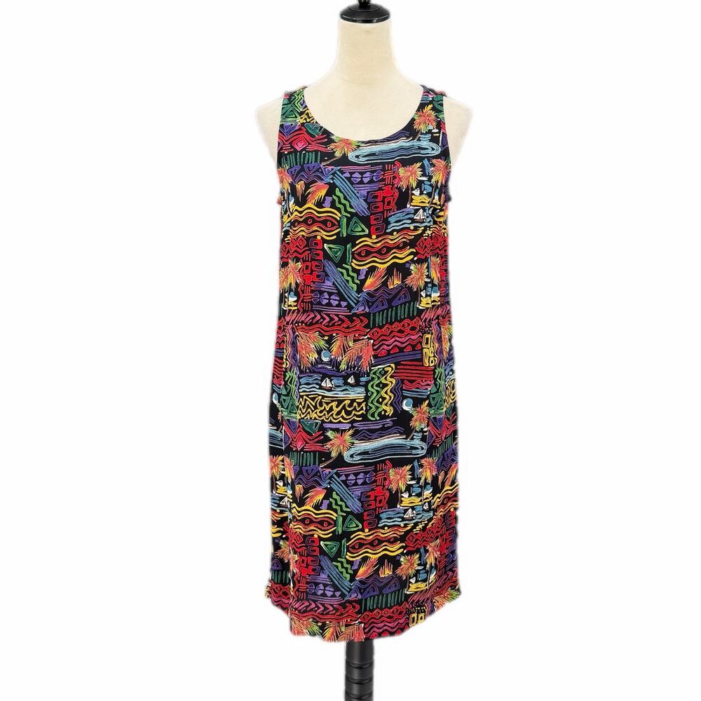 Chico’s Vtg 90s sz 0 Sleeveless Colorful Tropical Graphic Print Midi Shift Dress